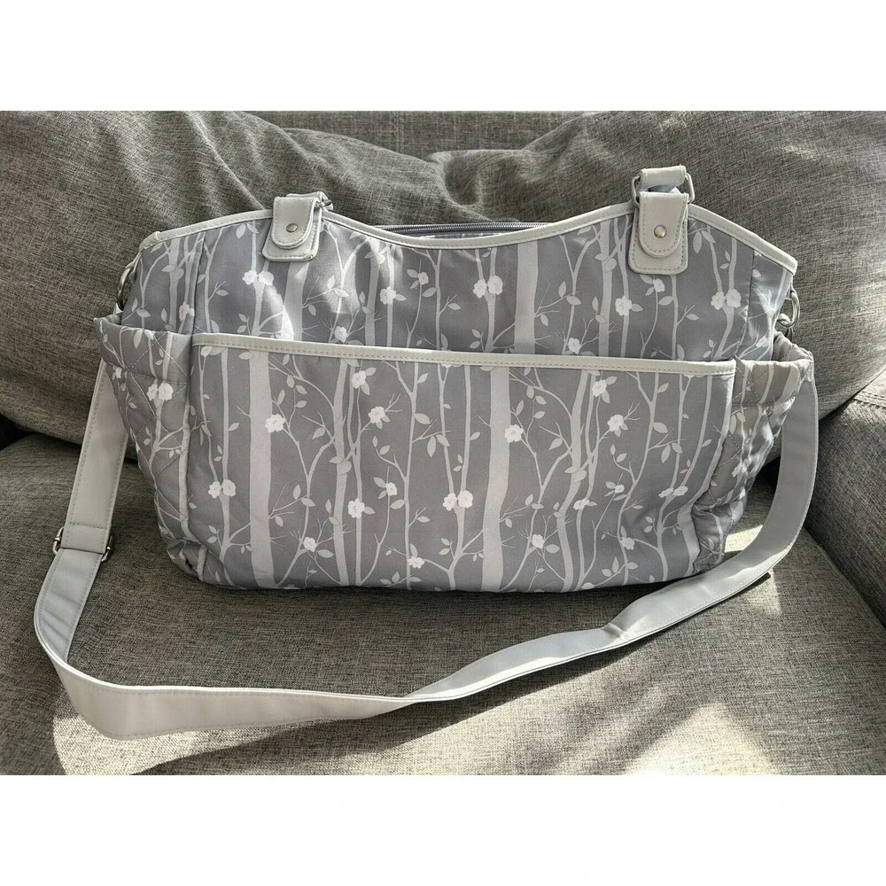 Laura Ashley Baby Gray Floral Diaper Bag Tote Changing Pad Pockets